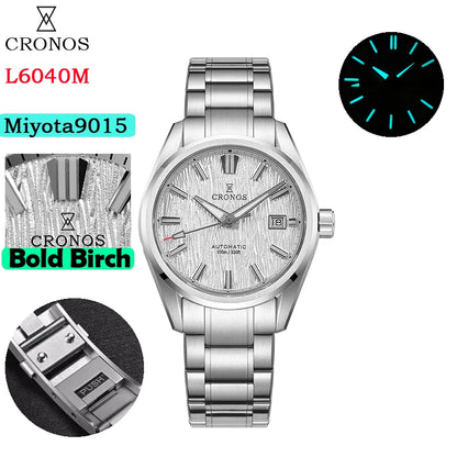 Cronos Men Watch 39mm Automatic Miyota 9015 Movement Wristwatches White Dial Birch Pattern Solid Links Sapphire 10 ATM L6040M