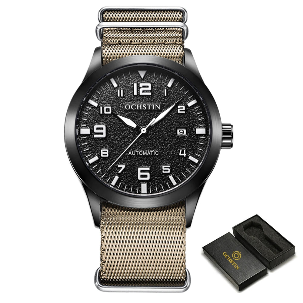 OCHSTIN Man Mechanical Pilot Wrist Watches Luxury Self Wind Leather Mechanic Male Clock Auto Date Relogio Masculino Gift for Men