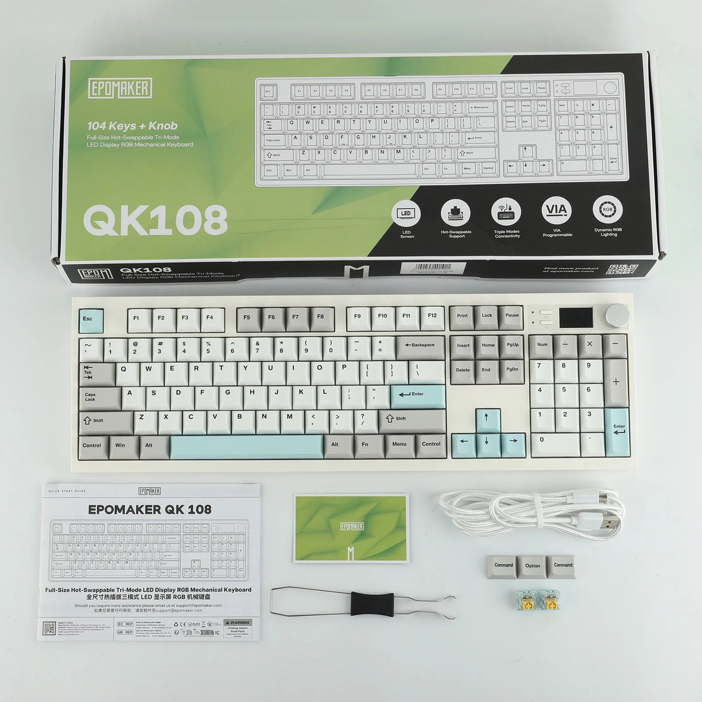 EPOMAKER QK108 QMK/VIA Full-Sized ANSI US Layout Wired/BT/2.4Ghz Wireless Mechanical Keyboard RGB Backlight with 8000mAh Battery