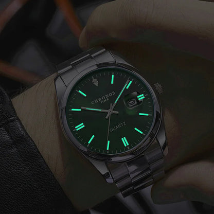 Vyriškas rankinis laikrodis „CHRONOS“ – prabangus prekės ženklas, atsparus vandeniui, šviečiantis, su datos rodikliu, pagamintas iš nerūdijančio plieno, su kvarciniu mechanizmu.