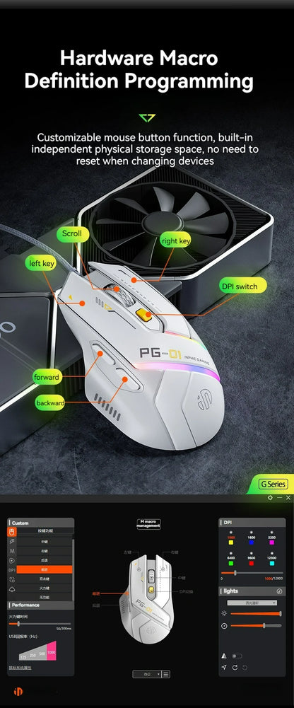Inphic Pg1 Wired Gaming Mouse, RGB Light Emitting, Macro Programming, 12800 DPI, 6 Keys, Computer Mouse, 1000Hz Polling Rate