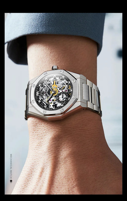 OLEVS Watches Luxury Man High Quality Original Fully Skeleton Automatic Mechanical Watch Stainless Steel Men Watches Gifts Box