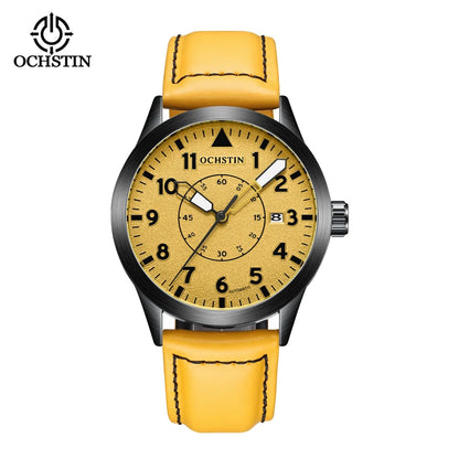 OCHSTIN Mens Fashion Luxury Mechanical Automatic Skeleton Watch Transparent Back Cover Creative Design With Yellow Calendar Dial