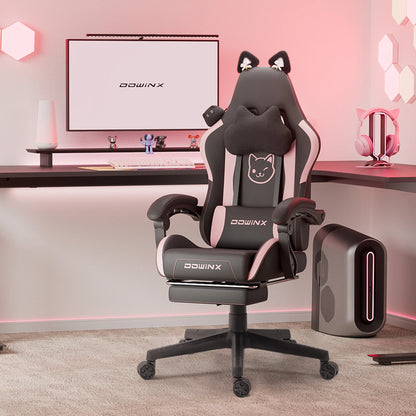 Söt gamingstol med kattöron och fotstöd – rosa kawaii-datorstol, ergonomisk gamer-stol med hög rygg och svankstöd med kattassmotiv
