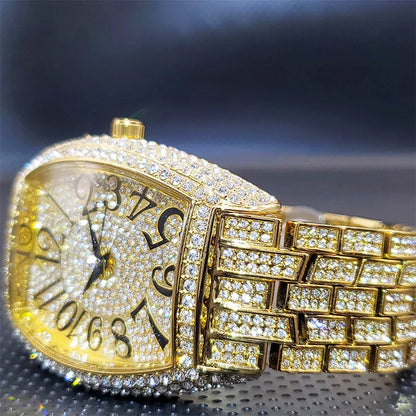 Stainless Steel Men's Watches Luxury Diamond Silver Iced Out Quartz Watch Top Brand 30M Waterproof Big Dial Tonneau Reloj Hombre