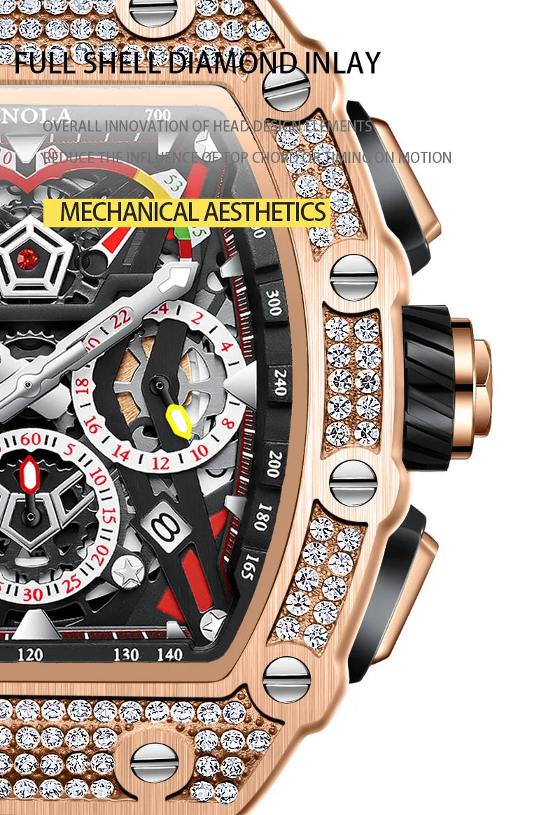 ONOLA Luxury Diamond Mechanical Wristwatches Fashion Sports Square Date Waterproof Automatic Man Watch Men Military Watch Clock