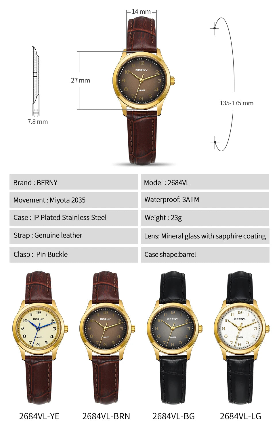 BERNY Gold Watch for Women Luxury Ladies Fashion Quartz Wristwatch Elegant Gradient Dial Multiple Scenarios Matching Lady Watch