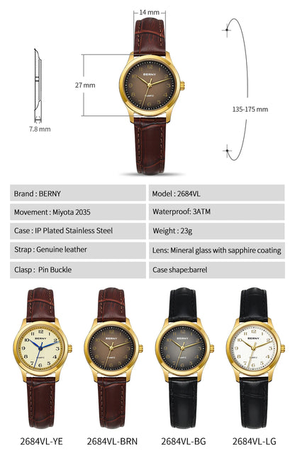 BERNY Gold Watch for Women Luxury Ladies Fashion Quartz Wristwatch Elegant Gradient Dial Multiple Scenarios Matching Lady Watch