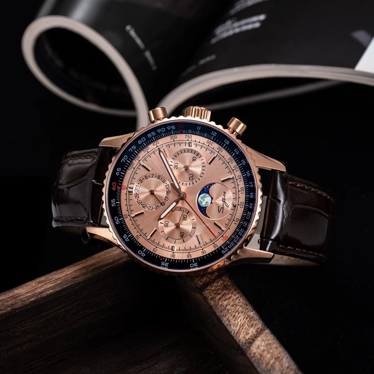 Sugess Chronograph Watch of Man ST1908 Swanneck Movement Mechanical Moonphase Wristwatches Waterproof Calendar Vintage New S468