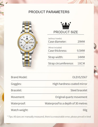 OLEVS Quartz Watch Women Fashion Ladies Watches Wrist Waterproof Luminous Stainless Steel Gold Women Watches Luxury Elegant