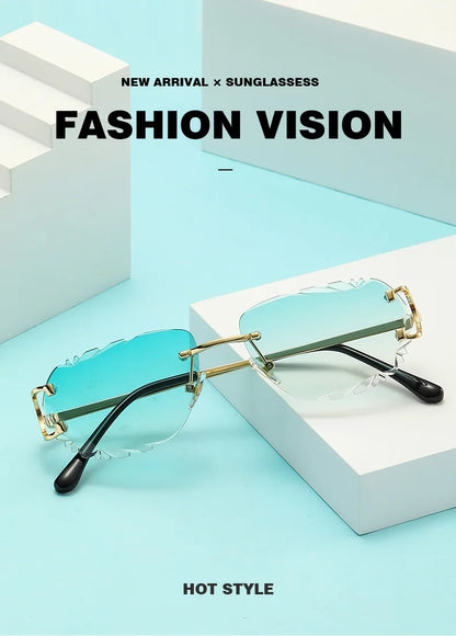 Ochelari de soare retro pentru femei, de marcă, de designer, fără ramă, ochelari de soare la modă, cu lentile tăiate neregulat, ochelari de vedere fără ramă pentru doamne