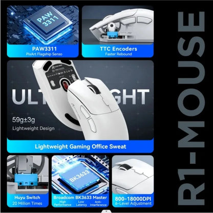 Attack Shark R1 Wireless Mouse for Gaming 1000 Hz PAW3311 Sensor, Rechargeable, Bluetooth Tri-mode, Ergonomic