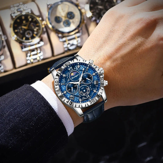 Relógio de pulso de luxo POEDAGAR para homem – Cronógrafo desportivo, estanque e luminoso, com bracelete em pele, movimento de quartzo