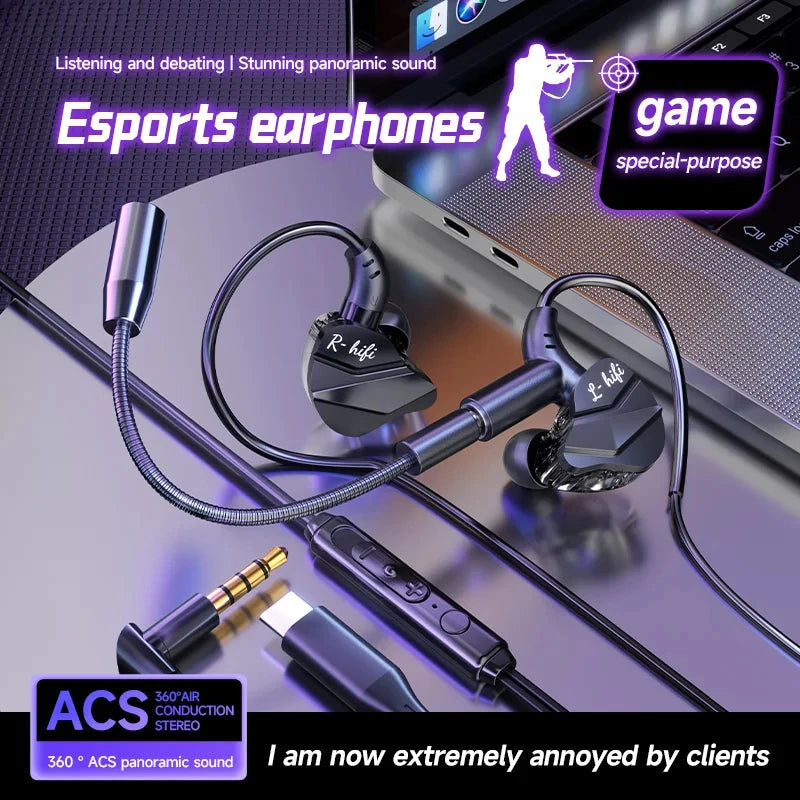 Auriculares para videojuegos con doble micrófono, auriculares estéreo Hi-Fi para videojuegos con conexión tipo C y cable de 3,5 mm, auriculares intraauriculares con reducción de ruido y micrófono para Samsung