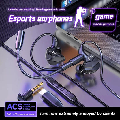Auriculares para videojuegos con doble micrófono, auriculares estéreo Hi-Fi para videojuegos con conexión tipo C y cable de 3,5 mm, auriculares intraauriculares con reducción de ruido y micrófono para Samsung