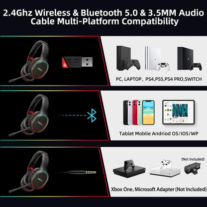 Kofire UG-05 Gaming Headphones 2.4G BT5.0 Wireless Headset With Mic RBG Light Vibration Bluetooth Earphone For PS4 PS5 PC Switch