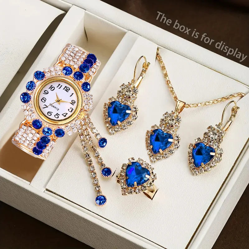 5PCS Luxury Rhinestone Women Watches Jewelry Set Fashion Adjustable Bangle Ladies Quartz Wristwatch Reloj Mujer（Without Box）