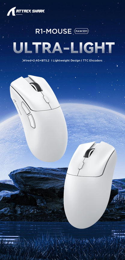 Attack Shark R1 bezdrátová Bluetooth herní myš, virální myš recenzovaná influencery, senzor PAW3311, frekvence odezvy 1000Hz
