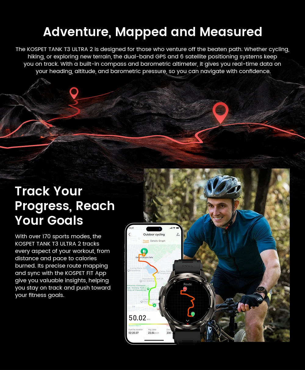 KOSPET TANK T3 Ultra 2 GPS Smart Watch for Men Bluetooth Call 5ATM IP69K Waterproof Men's Watch Stainless Steel Health Monitor