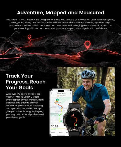 KOSPET TANK T3 Ultra 2 GPS Smart Watch for Men Bluetooth Call 5ATM IP69K Waterproof Men's Watch Stainless Steel Health Monitor