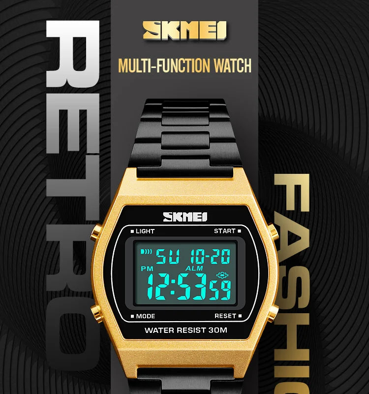 Skmei Unisex Digital Sport's Watches Stainless Steel Strap Led Waterproof 12/24 Hour Format Electronic Alarm Clock