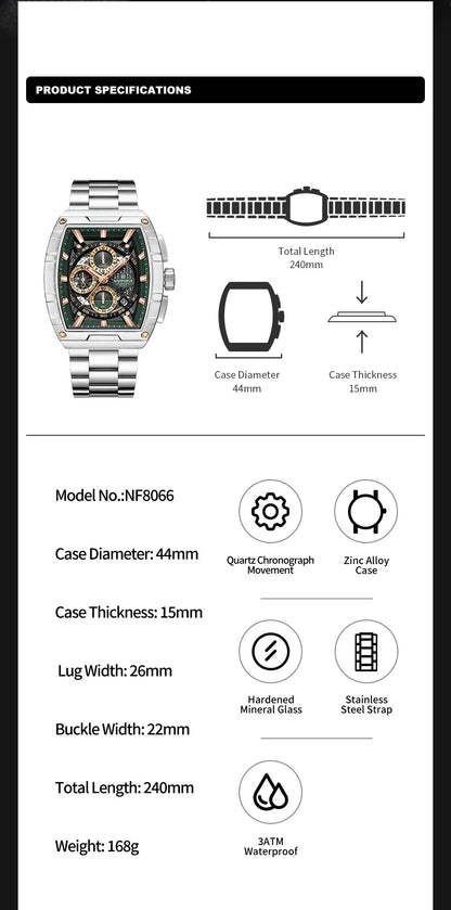 NAVIFORCE Luxury Chronograph Quartz Watch for Men Fashion Tonneau Stainless Steel Man Watches Waterproof Luminous WristWatch