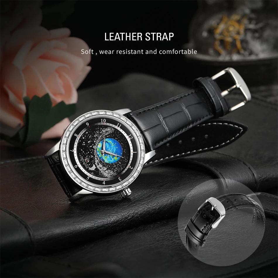 2026 FORSINING Design Earth Star Moon Set With Diamonds Genuine Belt Men Mechanical Automatic Watch Waterproof For Business