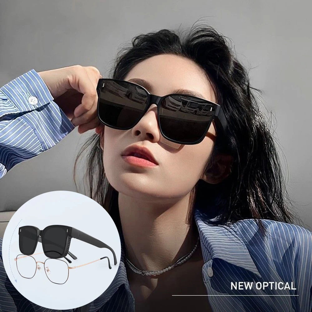 KLASSNUM Ochelari de soare cu montură transferabilă pentru femei, ochelari de soare suprapusi pentru bărbați, ochelari pătrați supradimensionați cu montură învelitoare, pentru ochelari de vedere cu prescripție medicală pentru miopie