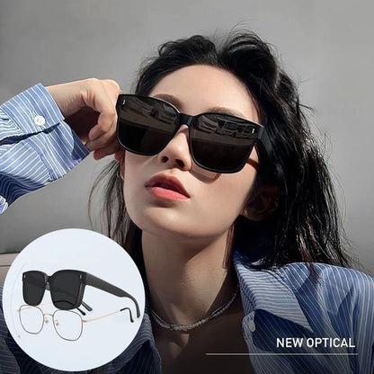 KLASSNUM Ochelari de soare cu montură transferabilă pentru femei, ochelari de soare suprapusi pentru bărbați, ochelari pătrați supradimensionați cu montură învelitoare, pentru ochelari de vedere cu prescripție medicală pentru miopie