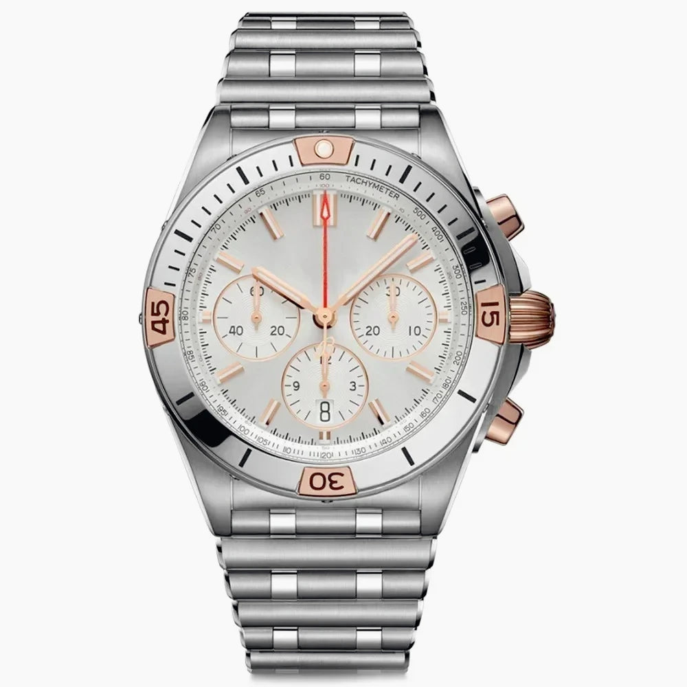 44mm Contemporary Luxury Male Quartz Watch High Accuracy Movement Date Window Chronograph Solid Stainless Steel Bracelet Casual