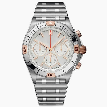 44mm Contemporary Luxury Male Quartz Watch High Accuracy Movement Date Window Chronograph Solid Stainless Steel Bracelet Casual