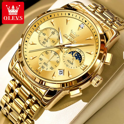 OLEVS 3639 Top Brand Original Luxury New Quartz Watch Stainless Steel Watch For Men Waterproof Luminous Moon Phase Mens Watch