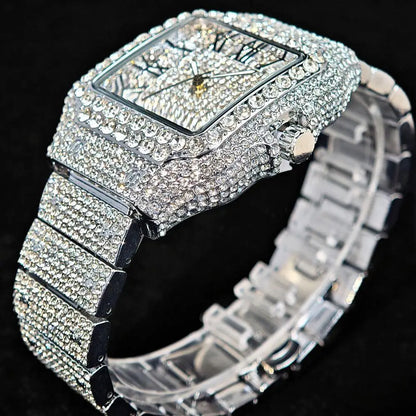 Hot UNIGUET Men's Square Watch Luxury Hip Hop Diamond Jewelry Waterproof Stainless Steel Quartz Wristwatch Fashion Man Accessory