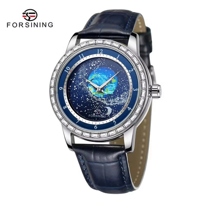 FORSINING Luxury Mens Automatic Mechanical Watch,Earth Star Moon Starry Milky Way Rhinestone Dial Leather Strap,3ATM Waterproof