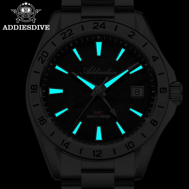 ADDIESDIVE Luxury Swiss Ronda GMT Watch 200M Water Resistant Dual Time Zone BGW9 Luminous 38mm Stainless Steel Quartz Movement