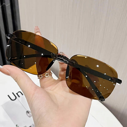 Ochelari de soare vintage, fără ramă, cu margini tăiate, ochelari de soare de designer, ochelari de soare de lux maro și verzi, UV400, pentru bărbați și femei