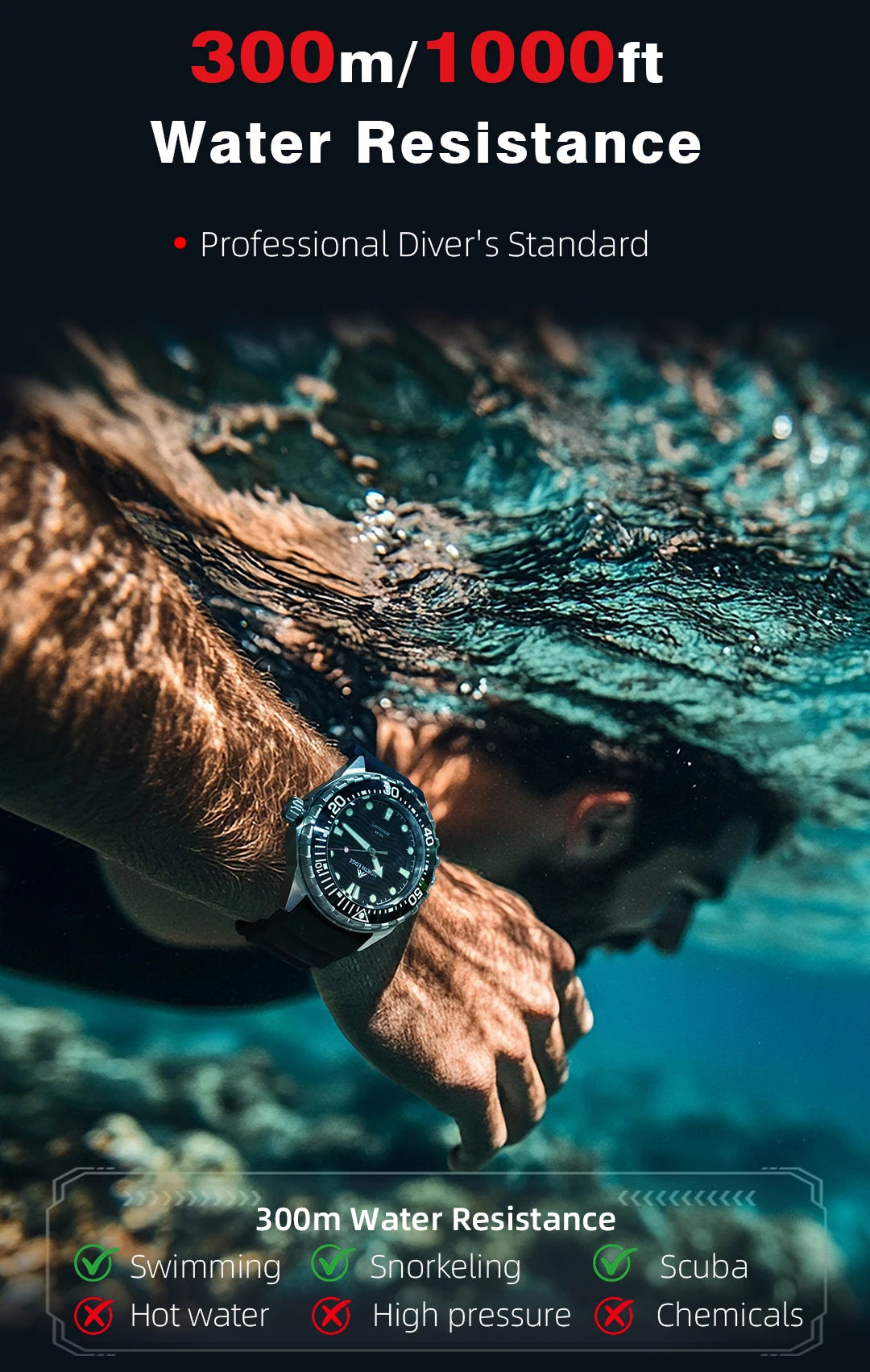 NORTH EDGE New TRITON Solar Powered Diving Watch for Man Luxury Quartz Wristwatches 316L Stainless Steel Case Waterproof 300M
