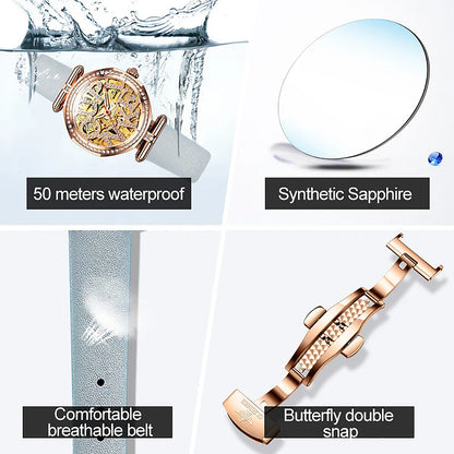 OUPINKE 3175 Women Watches Luxury Elegant Skeleton Automatic Mechanical Watches For Woman 50M Waterproof Bracelet Necklace Set