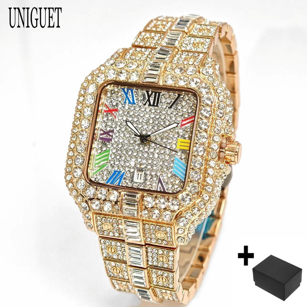 UNIGUET Fashion Diamond Watch for Men Luxury Waterproof Square Quartz Clocks Hip Hop Ice Out Jewelry Wristwatch Male Hot Sell