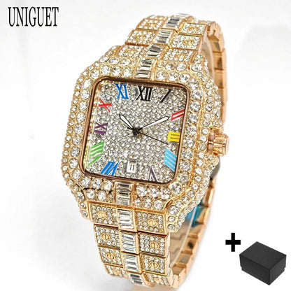 UNIGUET Fashion Diamond Watch for Men Luxury Waterproof Square Quartz Clocks Hip Hop Ice Out Jewelry Wristwatch Male Hot Sell