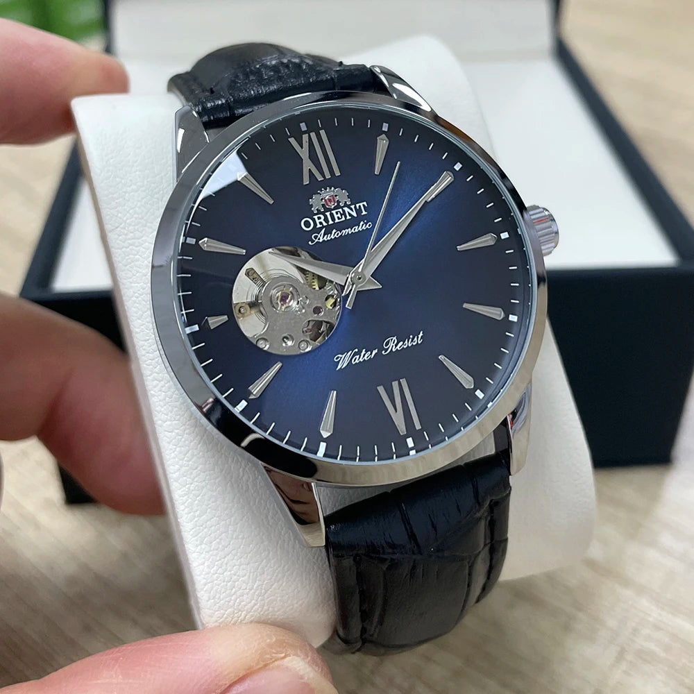 Orient Men's Automatic Open Heart Watch Blue Dial Stainless Steel Band Casual Dress Wristwatch 30M Water Resistant Fashion Watch