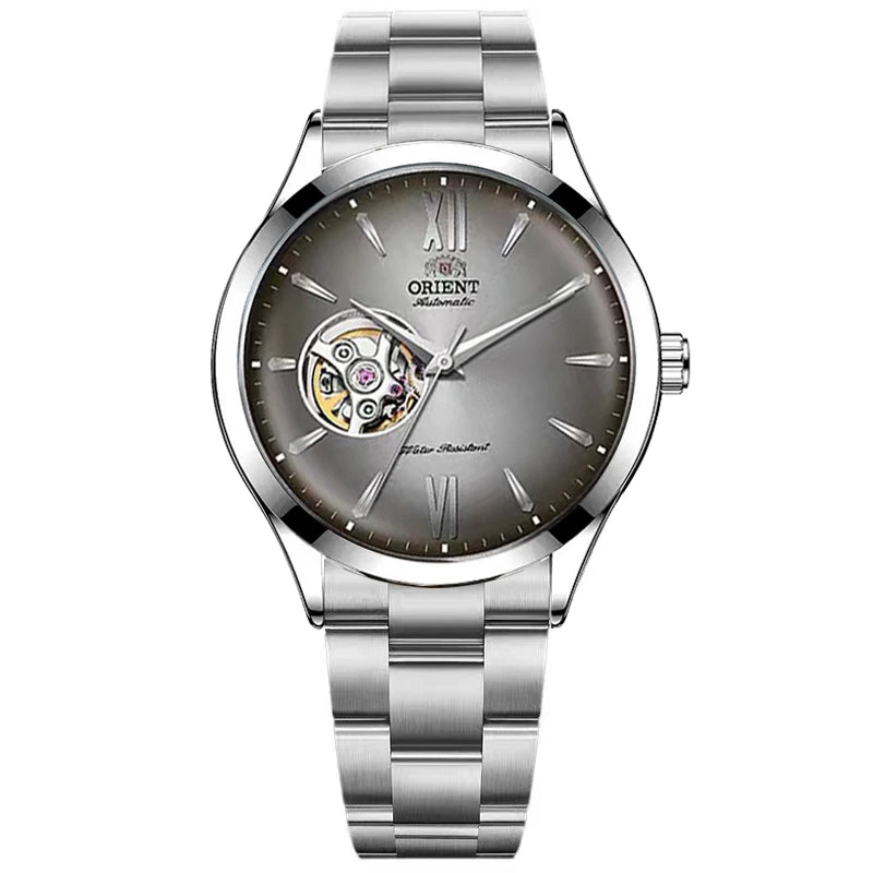 Orient Men's Automatic Open Heart Watch Blue Dial Stainless Steel Band Casual Dress Wristwatch 30M Water Resistant Fashion Watch