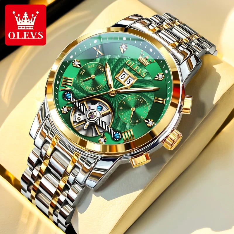 OLEVS 9910 Original Men's Automatic Mechanical Watch Luxury Skeleton Stainless steel Waterproof Luminous Watches