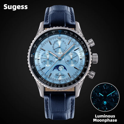 Sugess Chronograph Watch of Man ST1908 Swanneck Movement Mechanical Moonphase Wristwatches Waterproof Calendar Vintage New S468