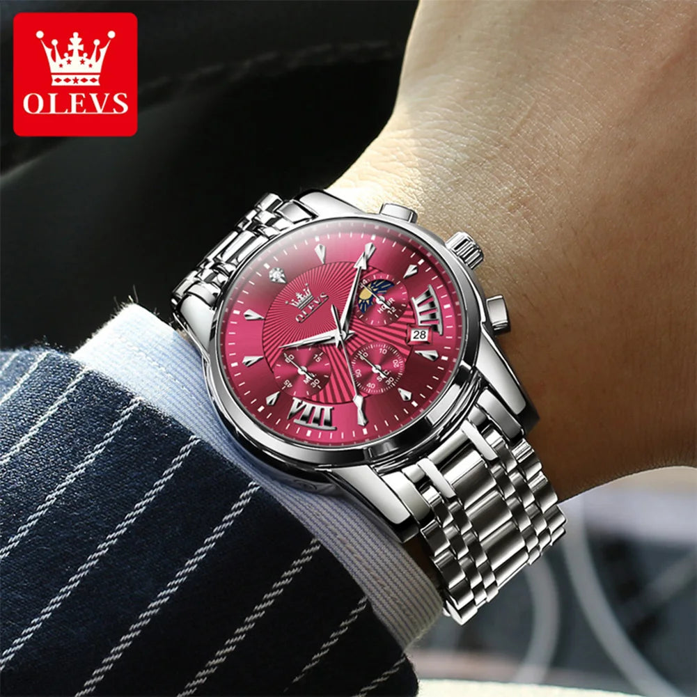 OLEVS Brand Fashion Red Watch for Men Luxury Sport Waterproof Stainless Steel Chronograph Quartz Watches Relogio Masculino