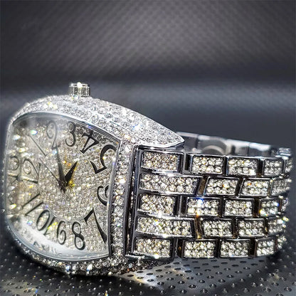 Stainless Steel Men's Watches Luxury Diamond Silver Iced Out Quartz Watch Top Brand 30M Waterproof Big Dial Tonneau Reloj Hombre