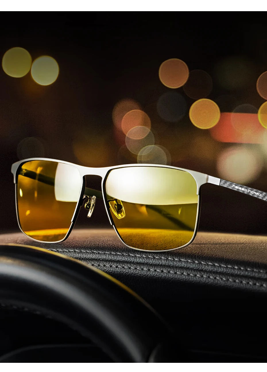 CAPONI Ochelari de soare cu vedere nocturnă de calitate superioară pentru bărbați și femei, ramă din fibră de carbon, ochelari pătrați, lentile UV400, ochelari de protecție BSYS28964