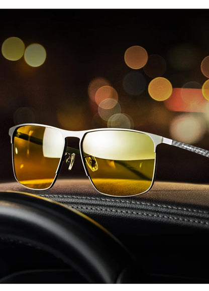 CAPONI Ochelari de soare cu vedere nocturnă de calitate superioară pentru bărbați și femei, ramă din fibră de carbon, ochelari pătrați, lentile UV400, ochelari de protecție BSYS28964