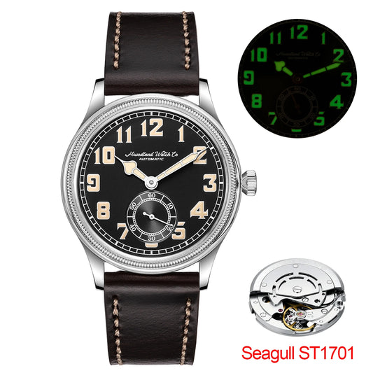 HRUODLAND Retro Flieger Automatic Watches for Men 38mm Seagull ST1701 Mechanical Wristwatch C3 Green Luminous K1 Mineral Bubble Crystal Oil Leather Strap Business Pilot Watch