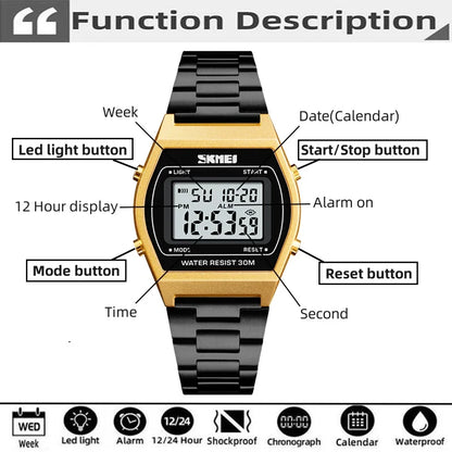 Skmei Unisex Digital Sport's Watches Stainless Steel Strap Led Waterproof 12/24 Hour Format Electronic Alarm Clock